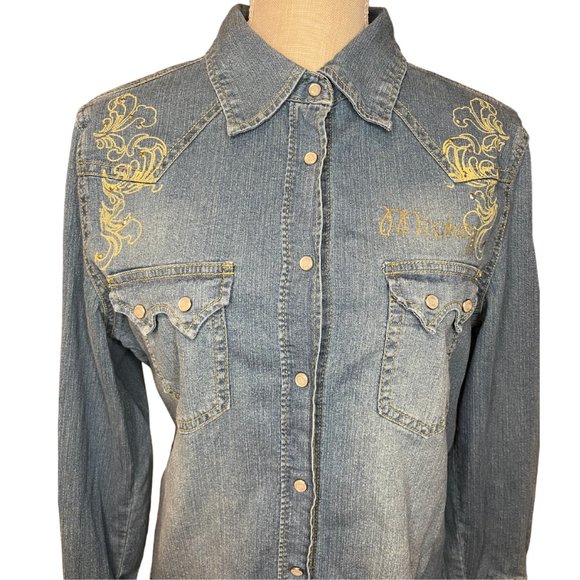 FUN  Bronc Riding Micky Mouse Cowboy Button Down Denim Shirt - Picture 2 of 5